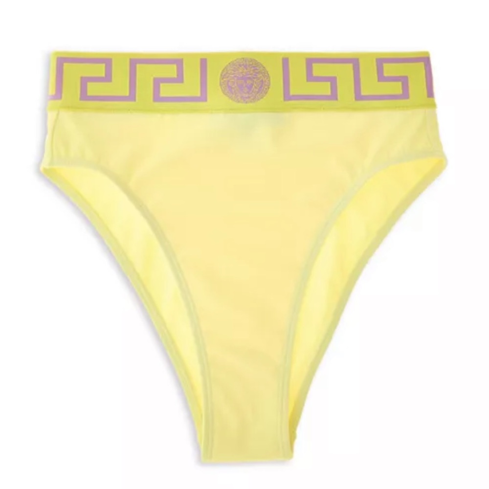 Versace 💛 Pale Yellow Medusa and Greca Print High Waist Bikini Bottom - Picture 3 of 11